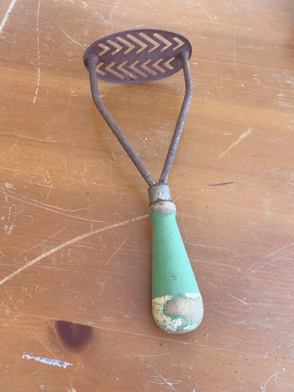 Vintage Green-Handle Potato Masher